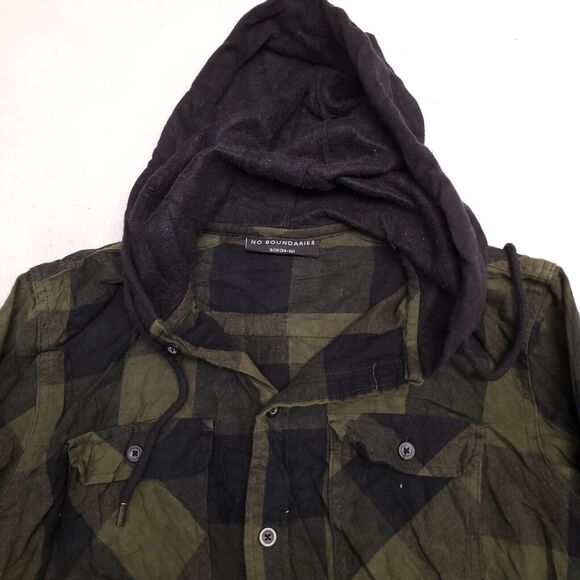 No Boundaries Casual Button Up Long Sleeve Hoodie Mens Size S Green Black Plaid - Picture 1 of 10